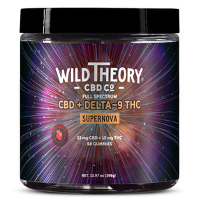 Wild Theory CBD Co Supernova gummies jar, black lid with purple burst label, 60 gummies, strawberry, 15mg CBD + 15mg THC