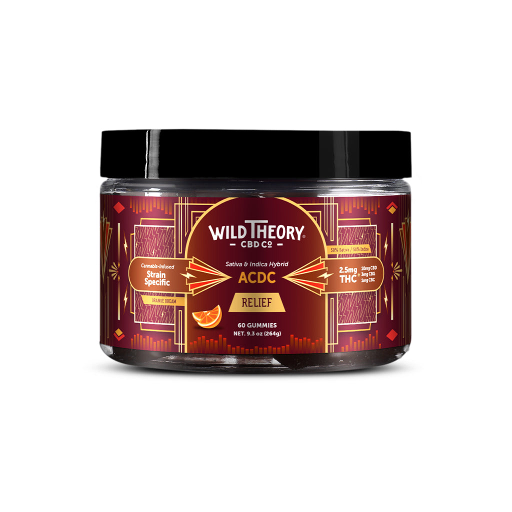 Medium jar of Wild Theory CBD Co. ACDC Relief gummies with 60 count, containing 2.5mg THC and a strain-specific cannabis blend. Label highlights a hybrid formula and features bold orange and maroon tones.