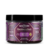 Wild Theory Blackberry Kush REST 10mg THC Gummies 30 Gummies, front label view. The packaging displays a purple patterned design with “Blackberry Kush” and “REST” prominently centered. It highlights 10 mg THC per gummy, along with 2 mg CBD and 7 mg CBN, and includes blackberry flavor imagery. The label indicates 30 gummies and features an extra strength icon.