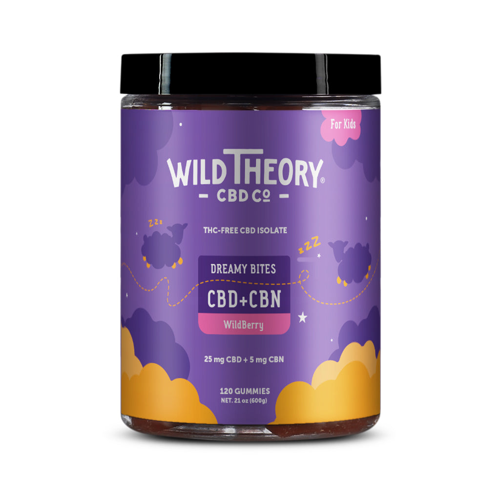 Jar of Wild Theory CBD Co Dreamy Bites CBD+CBN Wildberry featuring a purple night-sky themed label with floating sheep, designed for kids. Contains 25 mg CBD and 5 mg CBN per gummy, totaling 120 gummies in this THC-free CBD isolate formula.