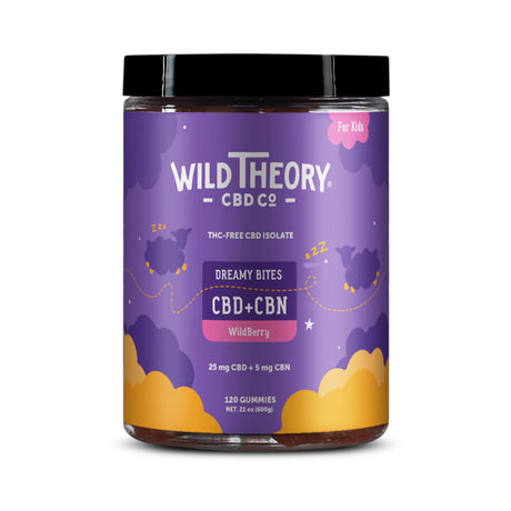 Jar of Wild Theory CBD Co Dreamy Bites CBD+CBN Wildberry featuring a purple night-sky themed label with floating sheep, designed for kids. Contains 25 mg CBD and 5 mg CBN per gummy, totaling 120 gummies in this THC-free CBD isolate formula.