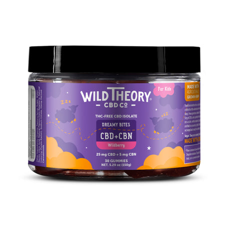 Small jar of Wild Theory CBD Co Dreamy Bites CBD+CBN Wildberry showing a kid-friendly, nighttime design. Contains 30 gummies with 25 mg CBD and 5 mg CBN each, made from U.S.-grown hemp and designed for restful sleep without THC.