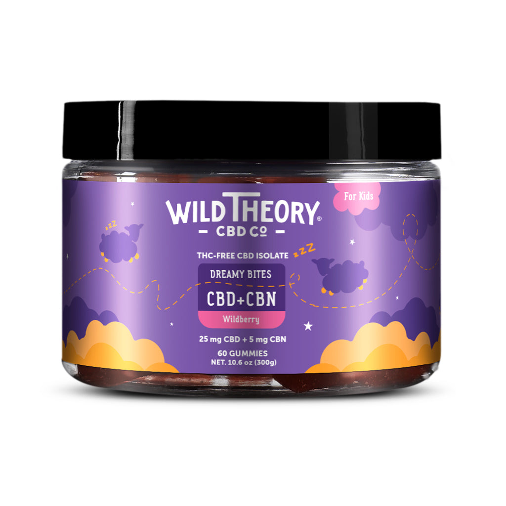 Wide jar of Wild Theory CBD Co Dreamy Bites CBD+CBN Wildberry with a dreamy purple design and text indicating it's THC-free and kid-friendly. The label shows the product contains 60 gummies, each with 25 mg CBD and 5 mg CBN for sleep support.