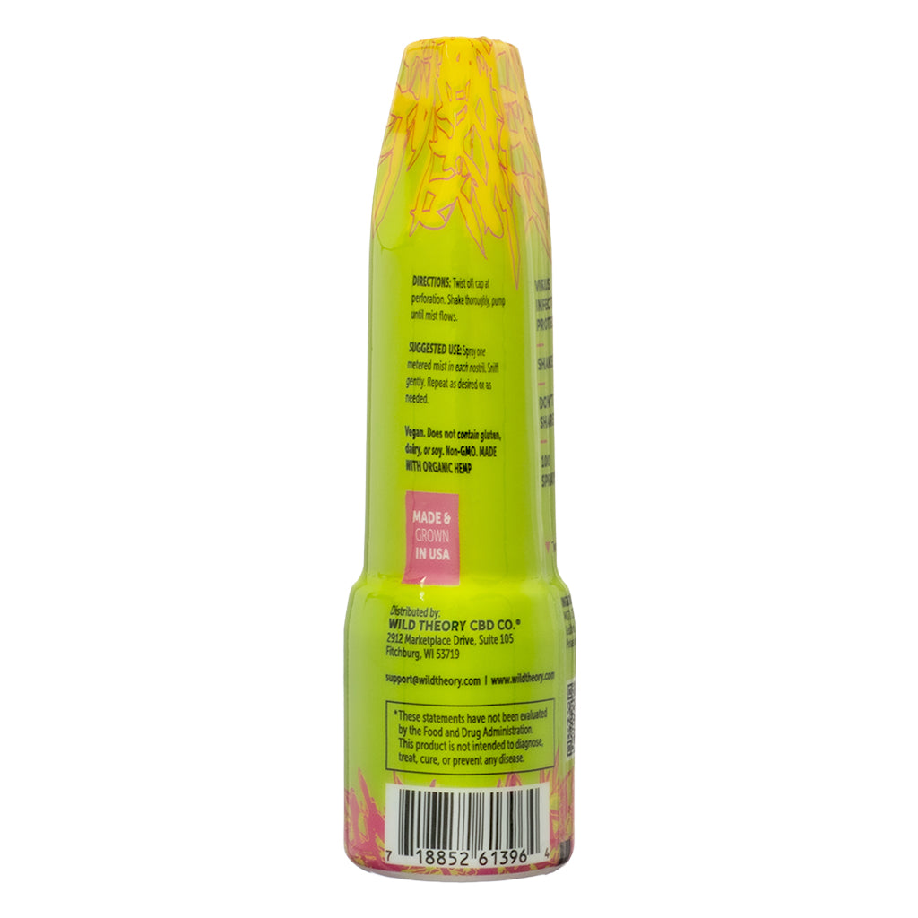 The back label of Wild Theory CBD Nasal Spray Extra Strength, 0.34 fl oz, displaying usage directions and certifications. Instructions advise shaking the bottle before use and spraying once into each nostril. The label states that the product is vegan, non-GMO, and made with organic hemp in the USA.