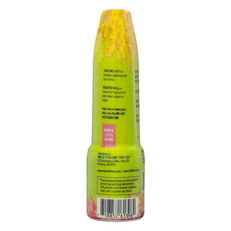 The back label of Wild Theory CBD Nasal Spray Extra Strength, 0.34 fl oz, displaying usage directions and certifications. Instructions advise shaking the bottle before use and spraying once into each nostril. The label states that the product is vegan, non-GMO, and made with organic hemp in the USA.