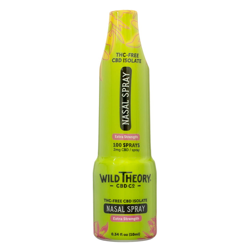 The front view of Wild Theory CBD Nasal Spray Extra Strength, 0.34 fl oz, in a bright yellow bottle with pink floral accents. The label highlights key features, including THC-free CBD isolate, 100 sprays per bottle, and 2 mg of CBD per spray. The product is marketed as a natural nasal spray for wellness support.