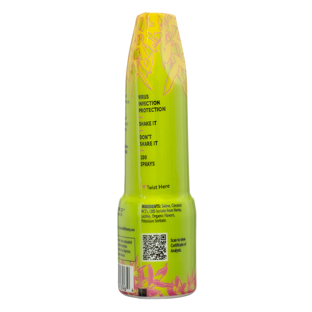 The side panel of Wild Theory CBD Nasal Spray Extra Strength, 0.34 fl oz, listing ingredients and usage warnings. Ingredients include saline, coconut MCTs, CBD isolate from hemp, lecithin, organic flavors, and potassium sorbate. A QR code directs users to the Certificate of Analysis.