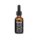Amber 1 oz dropper bottle of Wild Theory CBD Co. Full Spectrum CBD + Delta-9 THC oil labeled "Strata," featuring 25 mg CBD and 2.5 mg THC per serving, with a black camouflage label and a “Sun Grown Hemp” certification badge.