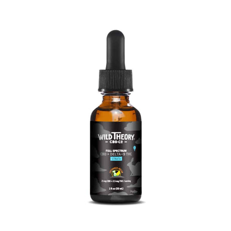 Amber 1 oz dropper bottle of Wild Theory CBD Co. Full Spectrum CBD + Delta-9 THC oil labeled "Strata," featuring 25 mg CBD and 2.5 mg THC per serving, with a black camouflage label and a “Sun Grown Hemp” certification badge.
