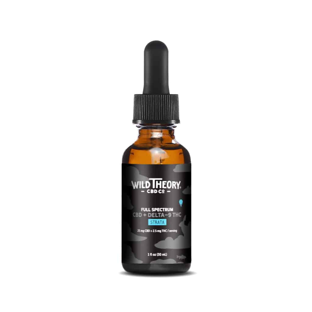 A bottle of Wild Theory Strata CBD + THC Oil with a dropper, featuring a label with the product name and a hint of a green and black color scheme.