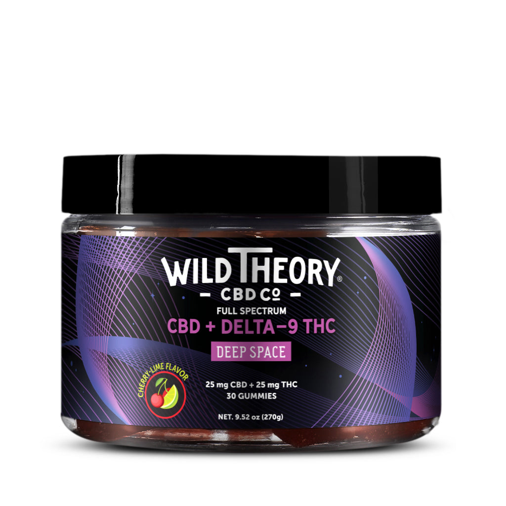Short, wide jar of Wild Theory Deep Space Full Spectrum CBD + Delta-9 THC Gummies featuring a dark cosmic design. Label includes “25 mg CBD + 25 mg THC,” cherry-lime flavor, 30 gummies, and net weight of 9.52 oz (270g).
