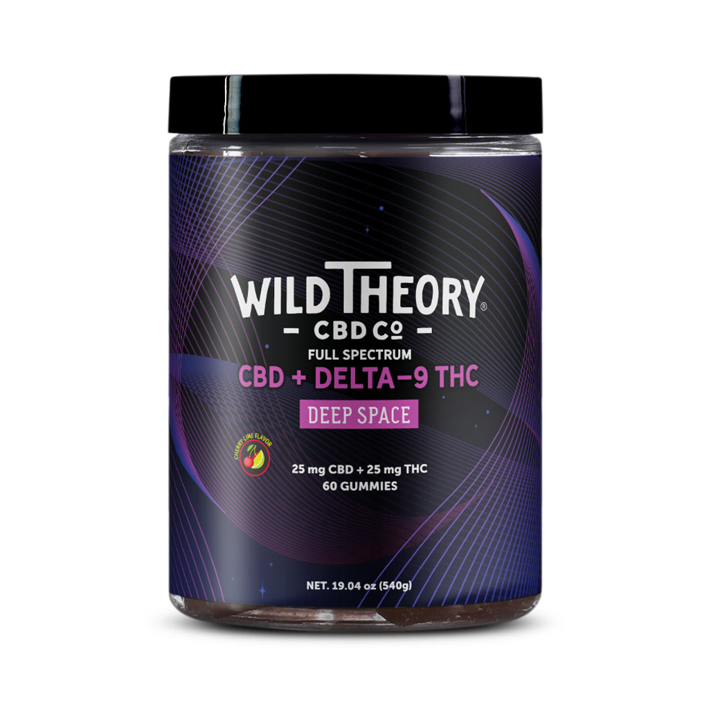 Tall container of Wild Theory Deep Space Full Spectrum CBD + Delta-9 THC Gummies with a black and purple design. Label highlights “25 mg CBD + 25 mg THC,” cherry-lime flavor, 60 gummies, and a net weight of 19.04 oz (540g).