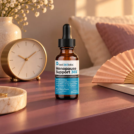 Best 365 Labs Menopause Support 365 dropper bottle on a nightstand with a clock and a paper fan
