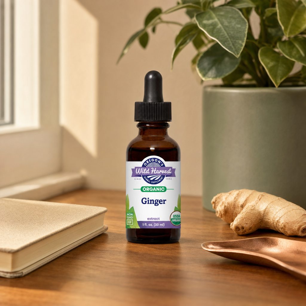 Oregon's Wild Harvest Ginger Root Extract 1 oz side bottle panel with product details