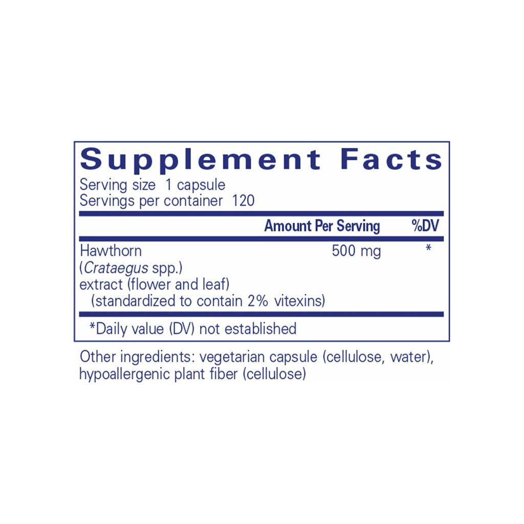 Pure Encapsulations Hawthorn Extract supplement facts panel listing ingredients, dosage, and serving size