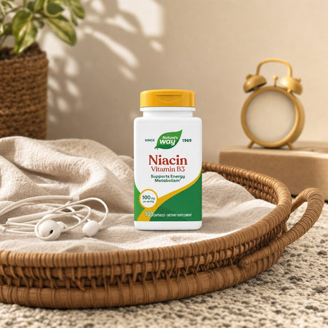 Nature's Way Niacin Vitamin B3 100 mg bottle beside capsules on a clean countertop