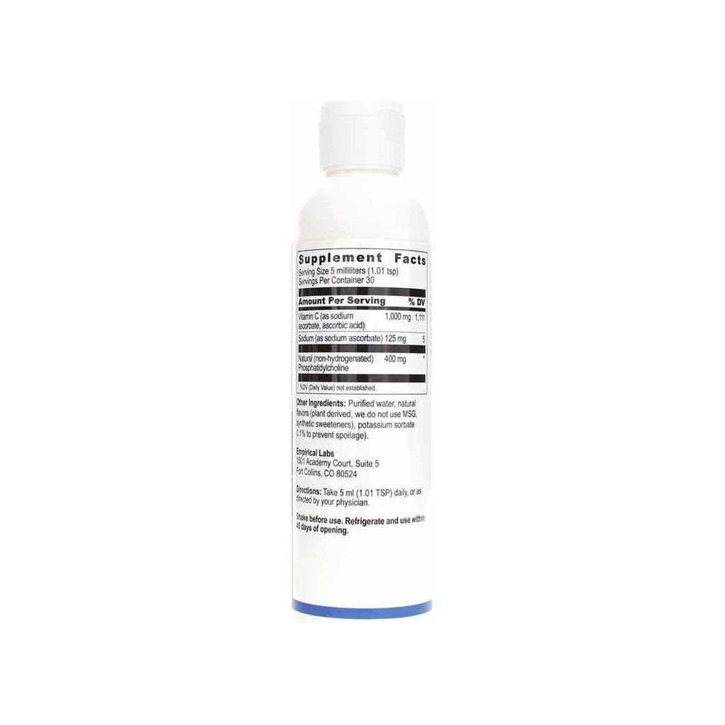 Empirical Labs Liposomal Vitamin C supplement facts panel listing ingredients, dosage, and serving size