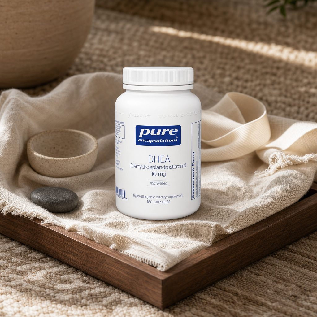 Pure Encapsulations DHEA 10 mg bottle beside a glass of water on a counter
