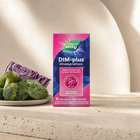 Nature's Way DIM-Plus bottle displayed with cruciferous vegetables