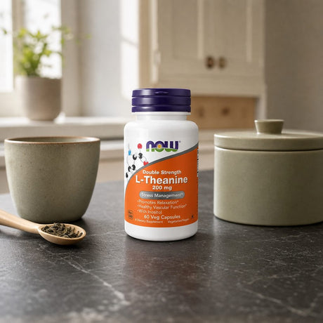 NOW Foods Theanine 200mg 60 capsules side label with directions and cautions