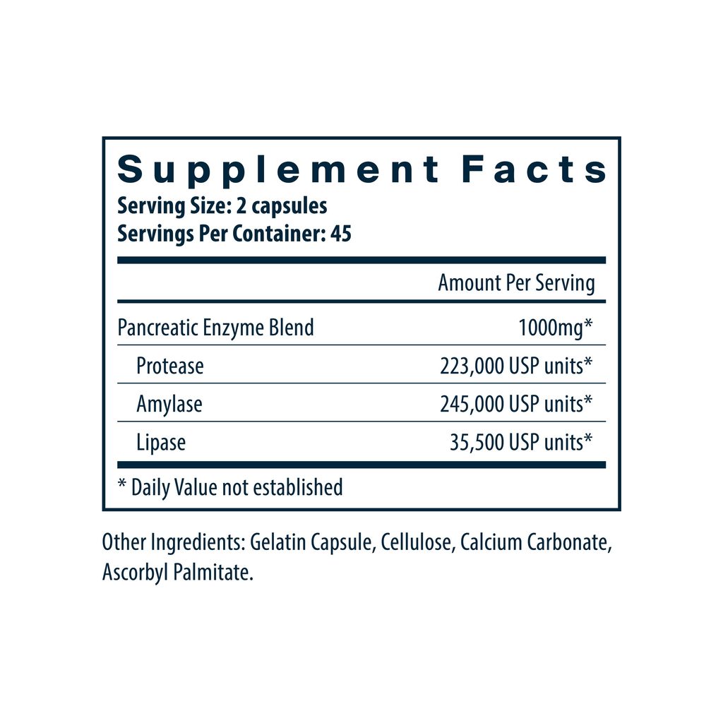 Vital Nutrients Pancreatic Enzymes 1000mg supplement facts panel listing dosage and ingredients