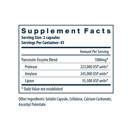 Vital Nutrients Pancreatic Enzymes 1000mg supplement facts panel listing dosage and ingredients
