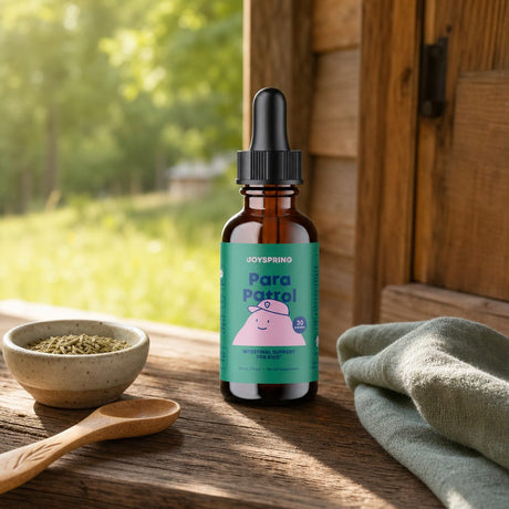 JoySpring ParaPatrol Drops shown with dropper and liquid serving for mixing into a child’s routine