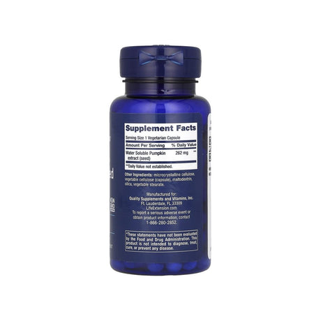 Life Extension Water-Soluble Pumpkin Seed Extract supplement facts panel listing ingredients and serving size