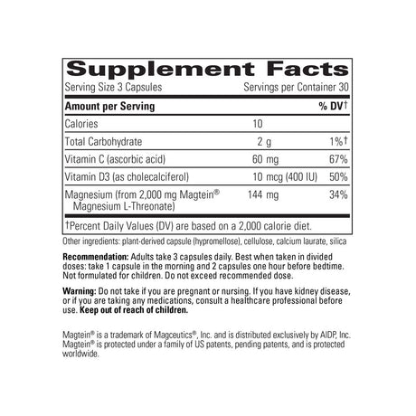 Integrative Therapeutics Magtein Plus supplement facts panel with ingredients and serving size