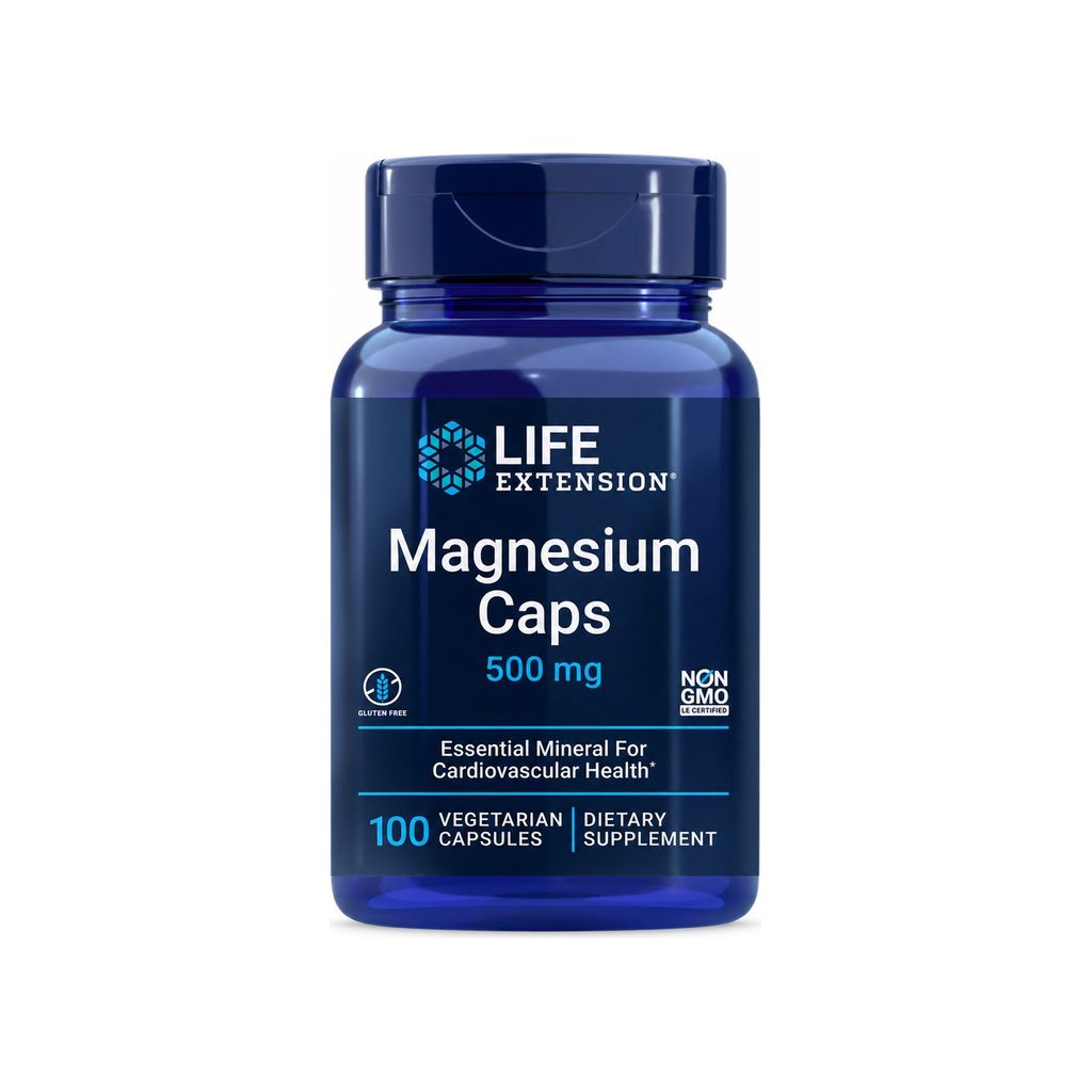 Life Extension Magnesium Caps 500 mg 100 vegetarian capsules front bottle with gluten free and Non GMO badges