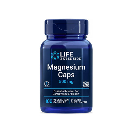 Life Extension Magnesium Caps 500 mg 100 vegetarian capsules front bottle with gluten free and Non GMO badges