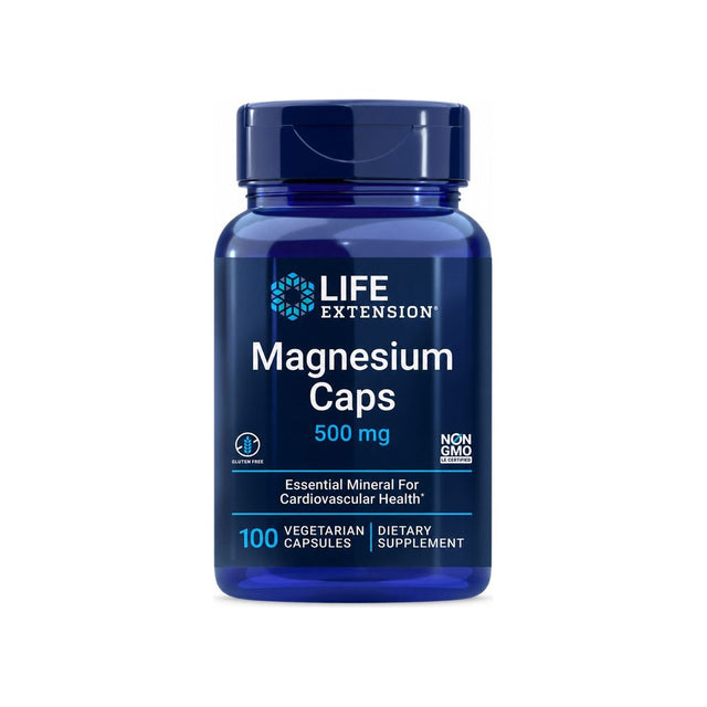 Life Extension Magnesium Caps 500 mg 100 vegetarian capsules front bottle with gluten free and Non GMO badges