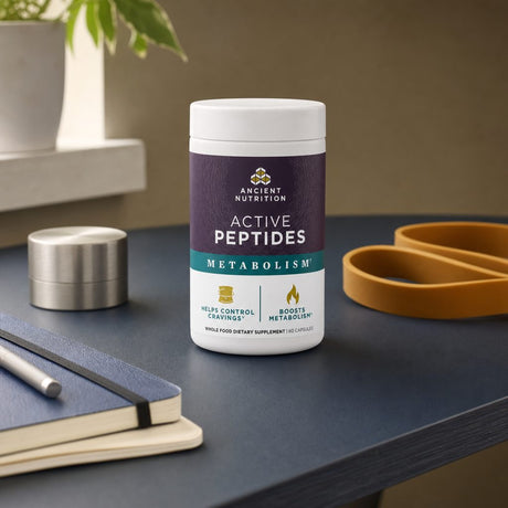 Ancient Nutrition Active Peptides Metabolic Booster bottle with product highlights