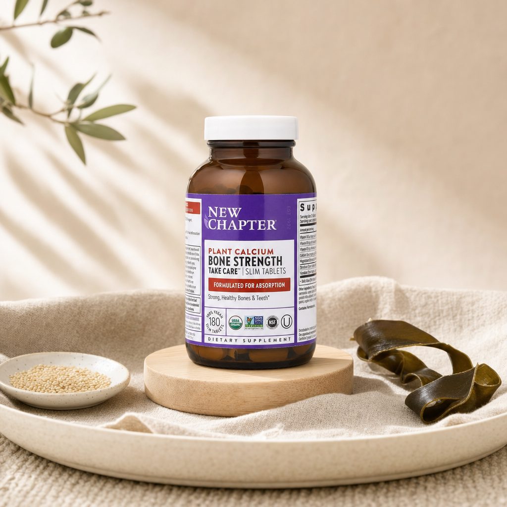 New Chapter Bone Strength Take Care bottle with slim tablets and plant calcium callouts