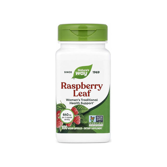 Nature's Way Raspberry Leaf 100 Vegan Capsules front bottle with green Non-GMO label