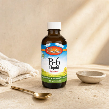 Carlson Vitamin B-6 Liquid bottle showing liquid supplement packaging and flavor details