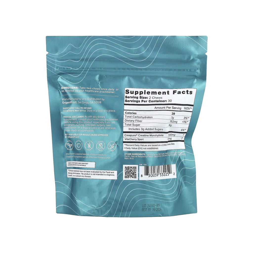 Organifi Creatine Chews Cherry supplement facts panel listing ingredients, dosage, and serving size