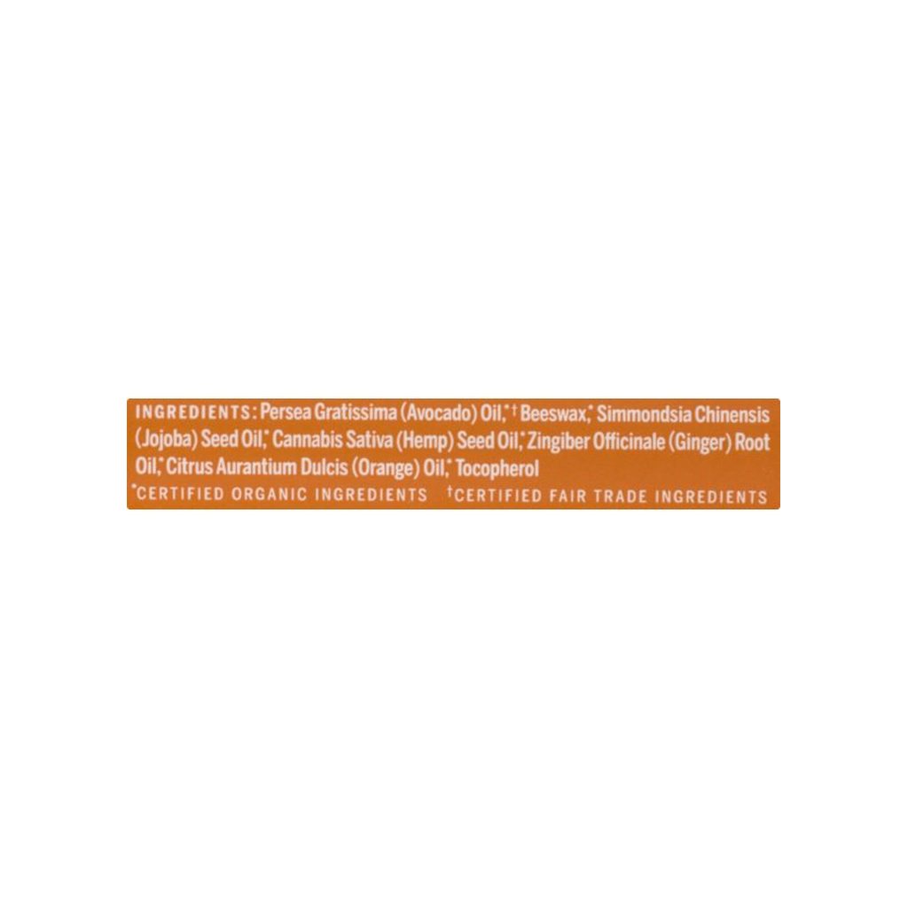 Dr. Bronner's Organic Lip Balm Orange Ginger label panel listing ingredients and net weight
