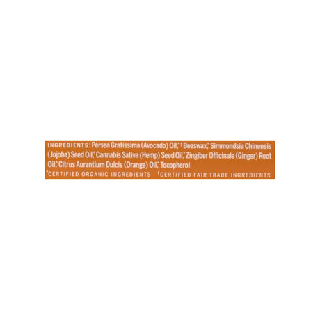 Dr. Bronner's Organic Lip Balm Orange Ginger label panel listing ingredients and net weight