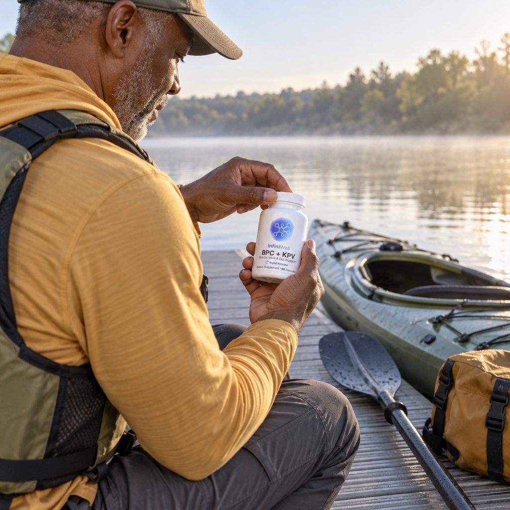 InfiniWell BPC + KPV Rapid-Release bottle held by a man on a dock beside a kayak