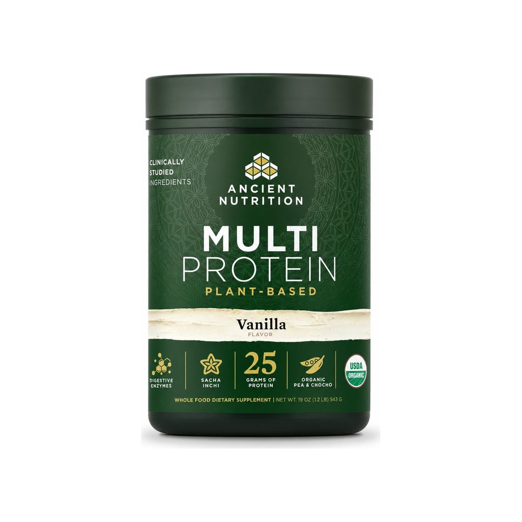Ancient Nutrition Multi Protein Plant Based Powder Vanilla 15 serving tub front label