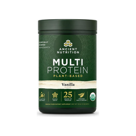 Ancient Nutrition Multi Protein Plant Based Powder Vanilla 15 serving tub front label