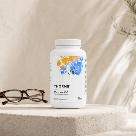 Thorne Men's Multi 50+ w/o CU FE bottle side label with product details