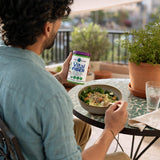 Vital Planet Organic Vital Fiber powder served with breakfast foods and a drink