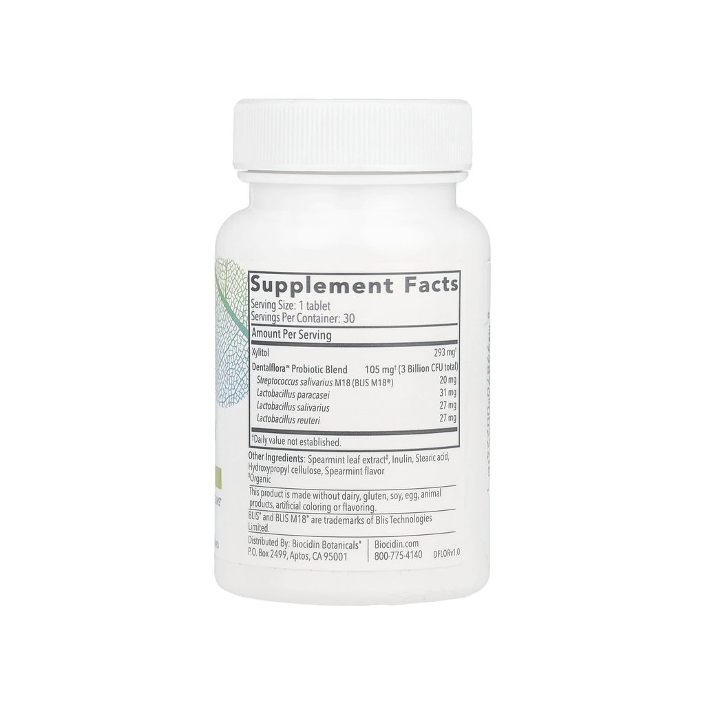 Biocidin Botanicals Dentalflora Tablets supplement facts panel listing ingredients and serving size