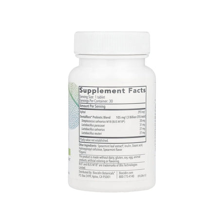 Biocidin Botanicals Dentalflora Tablets supplement facts panel listing ingredients and serving size