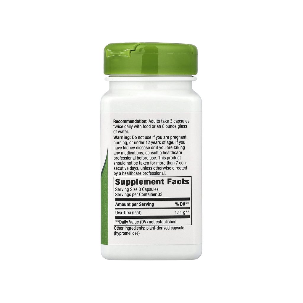 Nature's Way Uva Ursi Leaves supplement facts panel listing ingredients, dosage, and serving size