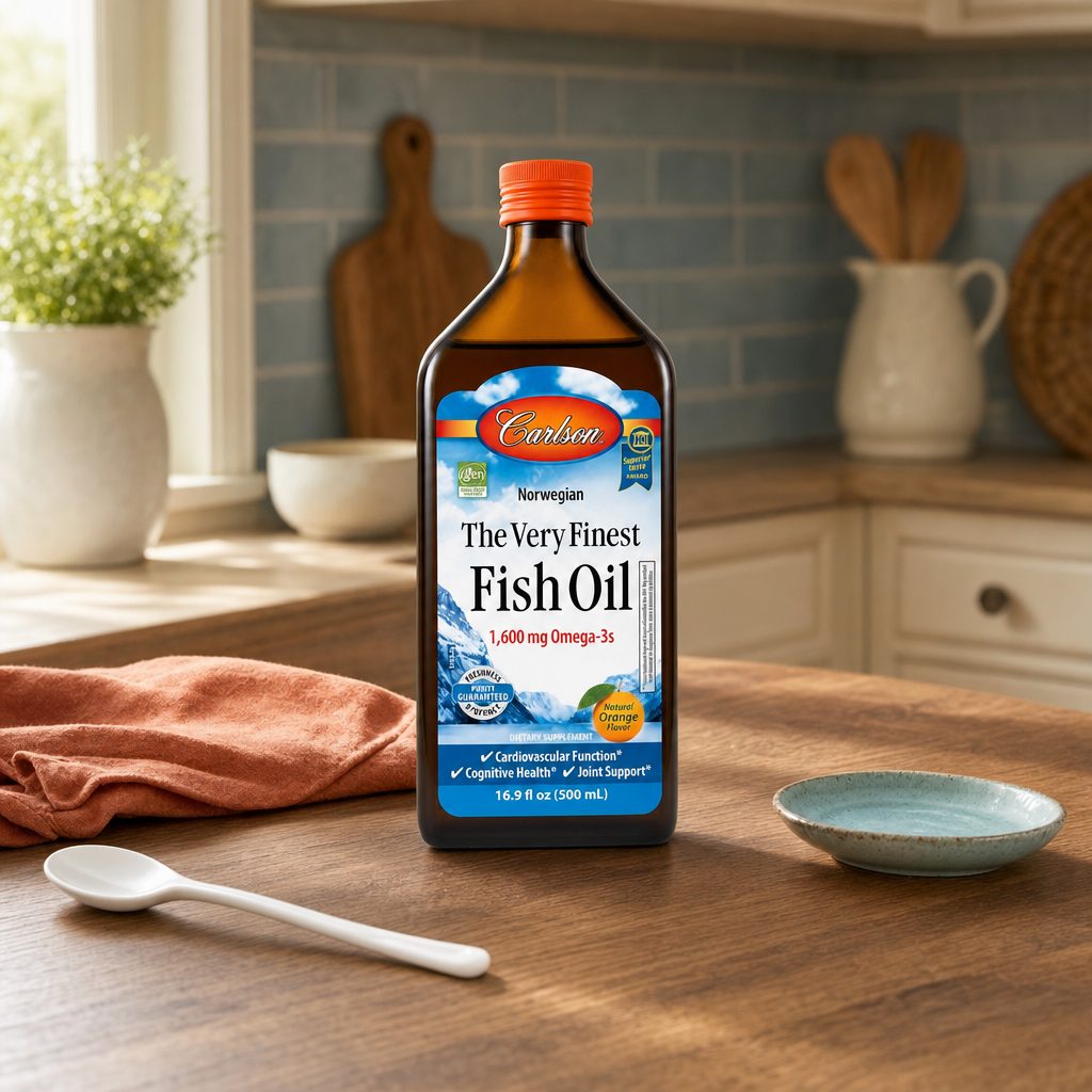 Carlson The Very Finest Fish Oil Orange bottle with orange flavor callouts