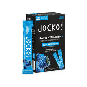 JOCKO FUEL Rapid Hydration+ Blue Raspberry 12-pack box and single-serving stick packet