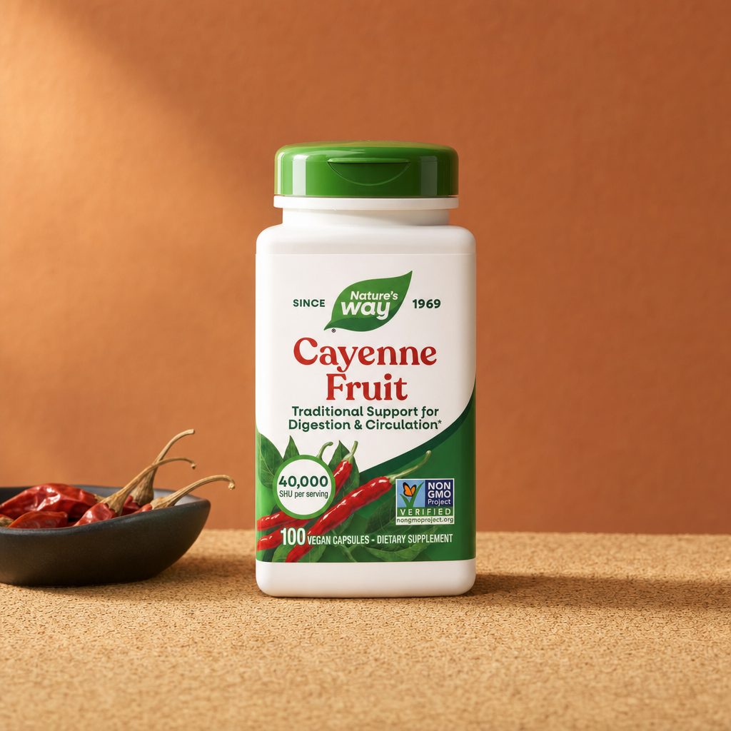 Nature's Way Cayenne Fruit bottle with red peppers and supplement capsules